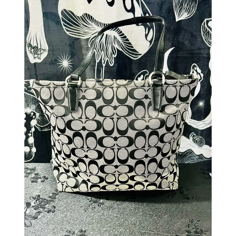 Coach F28504 Signature Stripe 12CM Tote Black White Logo Canvas Patent Trim